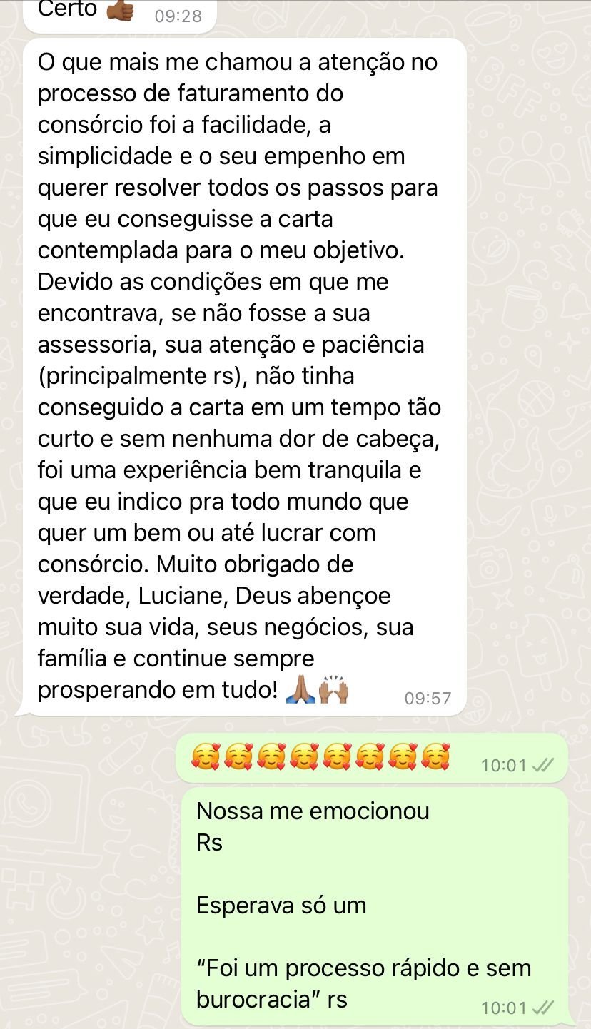 Mensagem de cliente agradecendo pela agilidade na conquista da carta contemplada