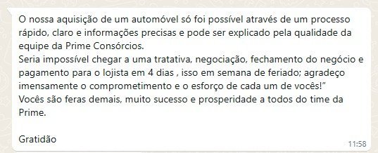 Mensagem de cliente sobre a compra de um automóvel em 4 dias