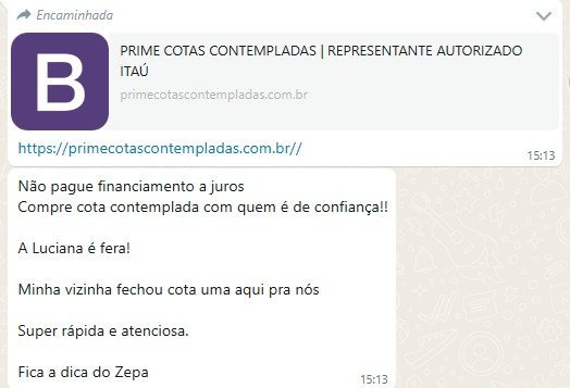 Mensagem de cliente recomendando a compra de cota contemplada